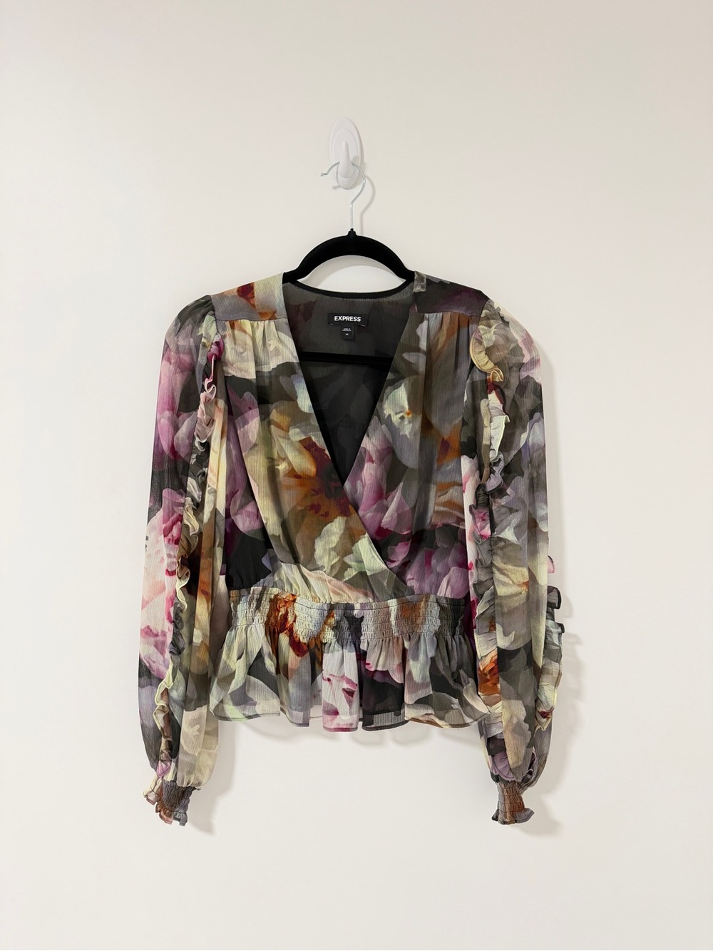 Express Floral Wrap Peplum Blouse - Pink, Purple, Green